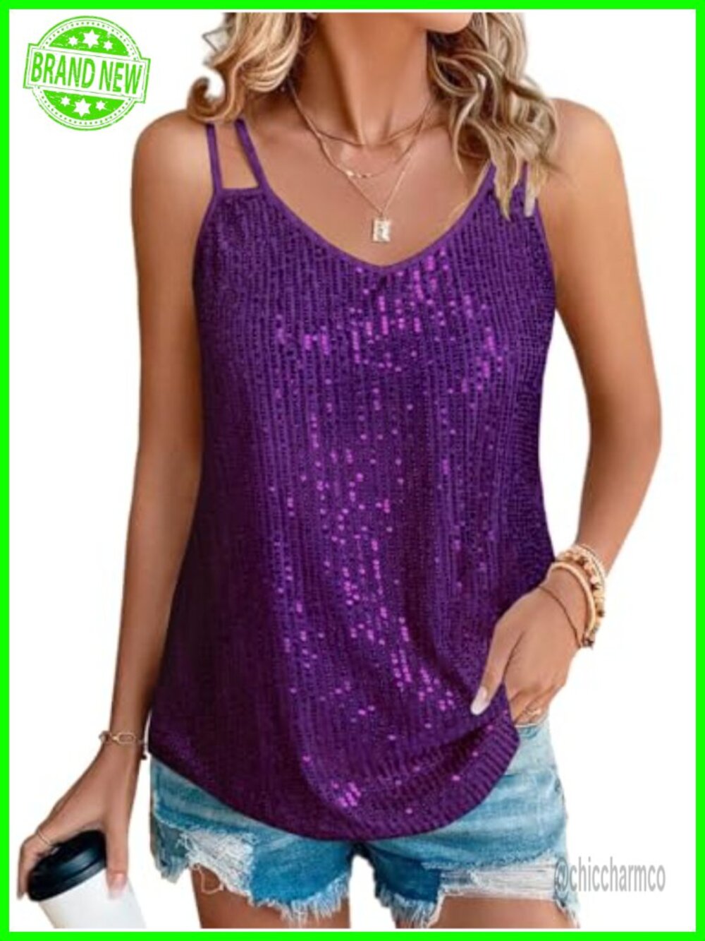 Sequin V-Neck Tank Top Dressy Party Club Night Sparkly Sleeveless Camisole